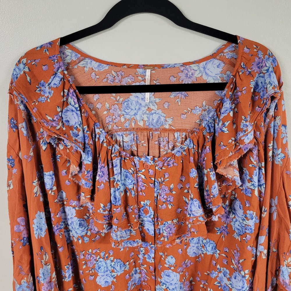 Free People Dress Women's Size M Floral Ruffle Long Sleeve Mini Orange Boho‎ NWT